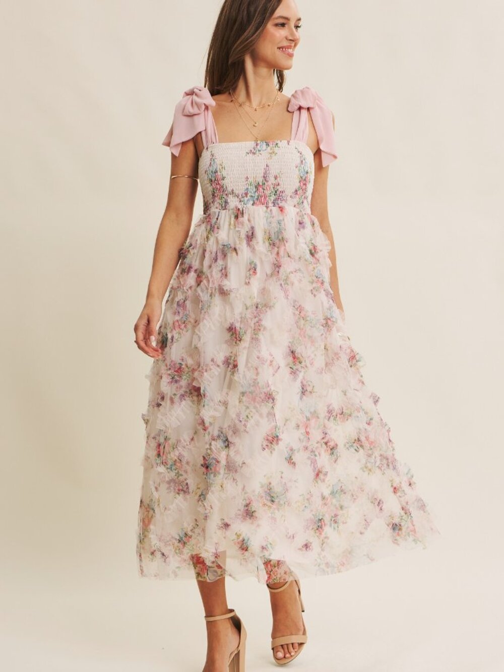 Textured Floral Smocked Midi Dress Tie Straps - Picture 9 of 11